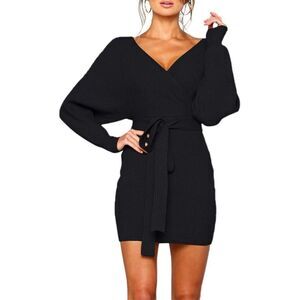 NEW V Neck Sweater Dress Batwing Long Sleeve S NO BELT